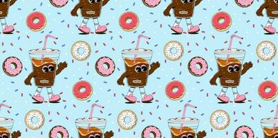 Colorful pattern with coffee and donuts character in retro cartoon style. Vector seamless background in abstract style with sweets for cafes, restaurants, menus.