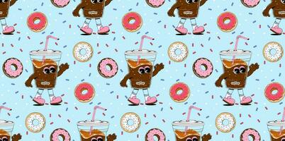 Colorful pattern with coffee and donuts character in retro cartoon style. Vector seamless background in abstract style with sweets for cafes, restaurants, menus.