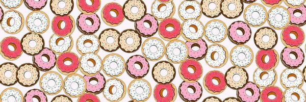 Seamless pattern with donuts in retro cartoon style. Vector background with different types of donuts overlapping each other in an abstract pattern. Print for cafes, restaurants, bakery menus.