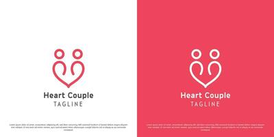 Heart couple logo design illustration. Silhouettes of people men women happy couples girlfriends dating loving affection. Creative abstract minimalist simple icon concept. vector