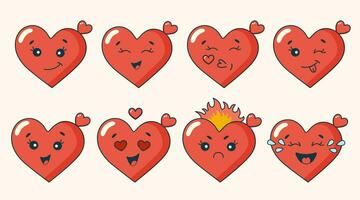 Set retro cartoon groovy characters. Cute and funny heart characters. Retro valentines day sticker set. 60 -70s vibes. vector