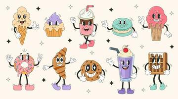 Set retro cartoon characters. Sweets in groovy style. Modern illustration with cute comics characters. 60 -70s vibes sticker set. vector