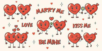 Retro groovy red hearts characters. Set of stickers valentines day in retro style. Two loving hearts in different situations. Trendy 60s, 70s, 80s style. vector