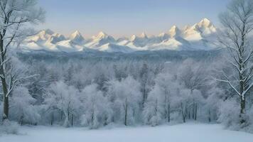 AI generated winter landscape with snow covered trees photo