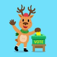 dibujos animados Navidad reno poniendo votación papel en el votación caja vector