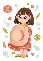 Cute smiling Kawaii little girl holding a hat in her hands. Set with a happy girl, floral elements, and bubbles. Pretty girl cartoon children's character. Vector illustration EPS.