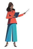 Elegant speaker woman giving presentation or lecture. African businesswoman or teacher pointing at smth with a pointer. Concept of presentation, or showing business report. Flat vector illustration.