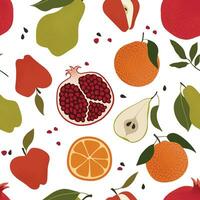 Fruits vector seamless pattern. Surface design with pomegranate, apple, pear, and orange on a white background. Modern abstract background for packaging, paper, cover, fabric, interior decor, etc.