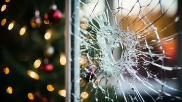 ai generado roto vaso en el antecedentes de el Navidad árbol y guirnaldas foto