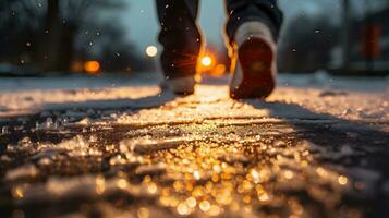 AI generated Close up of man walking on winter road with ice and snowflakes photo