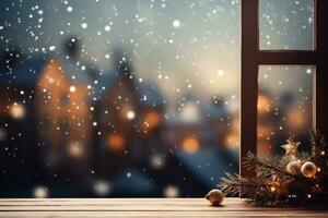 ai generado de madera mesa con Navidad decoración en ventana umbral en frente de Nevado ciudad foto