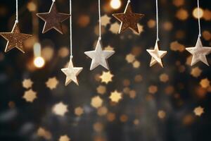 AI generated Christmas background with stars and bokeh lights. Festive decoration. photo