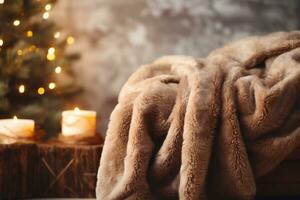 ai generado hermosa piel cobija y ardiente velas en mesa en habitación decorado para Navidad foto