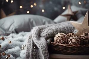 AI generated Cozy winter composition with knitted sweaters, christmas balls and star on rustic background photo