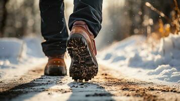 AI generated Close up of man walking on winter road with ice and snowflakes photo