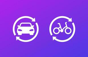 carsharing, rental service icons with a car and a bike vector