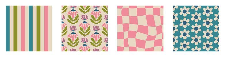 conjunto de estético contemporáneo imprimible retro maravilloso flores sin costura modelo. decorativo hippie ingenuo años 60, Años 70 estilo Clásico boho antecedentes en minimalista estilo para tela, fondo de pantalla o envase vector