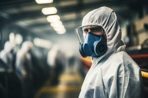 AI generated Man in hazmat suit and respirator looking at camera while standing in car factory photo