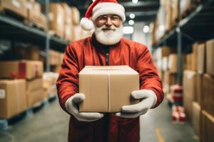 ai generado retrato de Papa Noel claus participación apilar de cajas en almacén foto