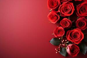 AI generated Valentines day background with red roses and hearts on dark brown background photo