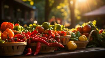 ai generado Fresco vegetales en cesta en de madera mesa en jardín. selectivo enfocar. foto