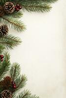 AI generated Christmas background with fir branches, pine cones and berries on white paper photo