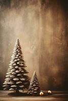 ai generado Navidad árbol en un de madera antecedentes. Clásico estilo tonificado fotografía. foto