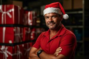 ai generado retrato de un sonriente almacén hombre en un rojo camisa y Papa Noel claus sombrero. foto