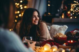 ai generado contento joven mujer a hogar cerca Navidad árbol. acogedor invierno noche. foto