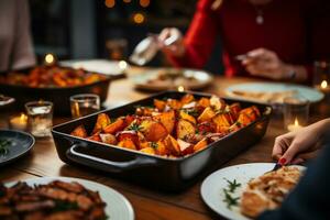 AI generated Baked sweet potato in baking dish on christmas table. Baked sweet potato with spices and herbs. photo