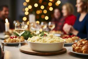 AI generated Mashed potatoes served on festive table with family in background at home photo