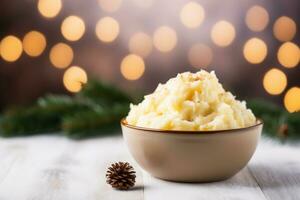 AI generated Mashed potatoes in bowl on wooden table with bokeh background photo