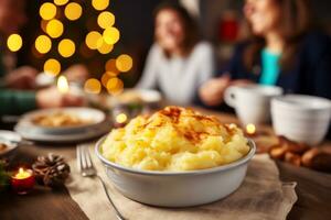 AI generated Mashed potatoes served on festive table with family in background at home photo