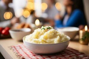AI generated Mashed potatoes served on festive table with family in background at home photo