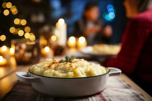 AI generated Mashed potatoes served on festive table with family in background at home photo