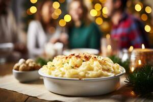 AI generated Mashed potatoes served on festive table with family in background at home photo