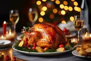 AI generated Traditional Christmas dinner with roasted turkey on wooden table, close-up photo