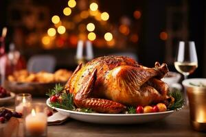 AI generated Traditional Christmas dinner with roasted turkey on wooden table, close-up photo