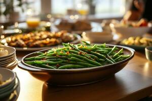 AI generated Green beans with dried cranberries and walnuts on a plate. photo