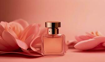 AI generated Spring romance with clear glass perfume bottles. Stylish parfumerie banner. photo