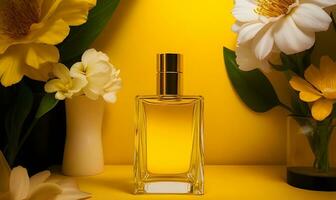 AI generated Spring romance with clear glass perfume bottles. Stylish parfumerie banner. photo