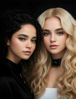 AI generated Beauty models - two girls with healthy curly hair, Fashion, and cosmetics. photo