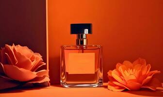 AI generated Spring romance with clear glass perfume bottles. Stylish parfumerie banner. photo