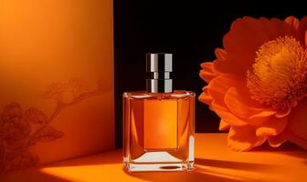 ai generado primavera romance con claro vaso perfume botellas elegante perfumería bandera. foto