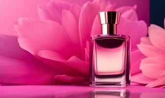 AI generated Spring romance with clear glass perfume bottles. Stylish parfumerie banner. photo