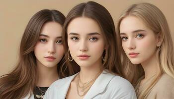 AI generated Photoshoot for a hair brand featuring three young women, set against a neutral beige backdrop. photo