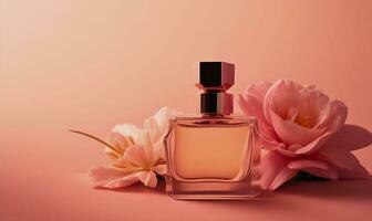 AI generated Spring romance with clear glass perfume bottles. Stylish parfumerie banner. photo