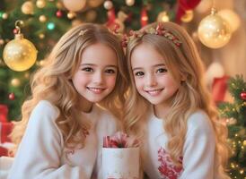 AI generated Two beautiful blonde girls, models posing by a Christmas tree on New Year's Eve. photo