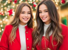 AI generated Two charming girls donning their festive attire. photo