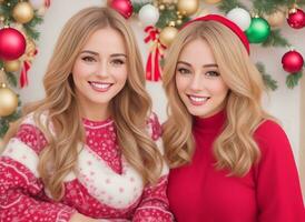 AI generated Smiles of two charming girls, dressed in vibrant outfits photo